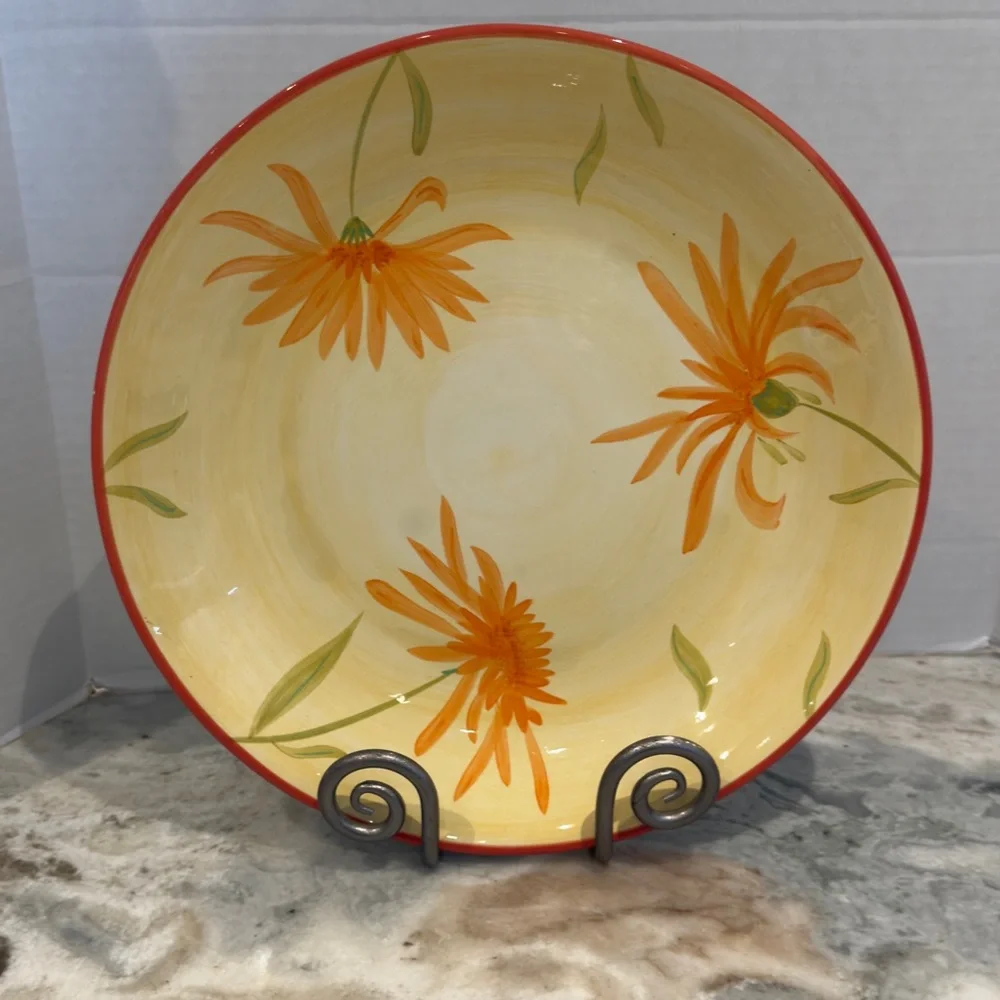 Crate & Barrel Yellow Gold Floral 14” Serving Bowl Platter Display Bowl